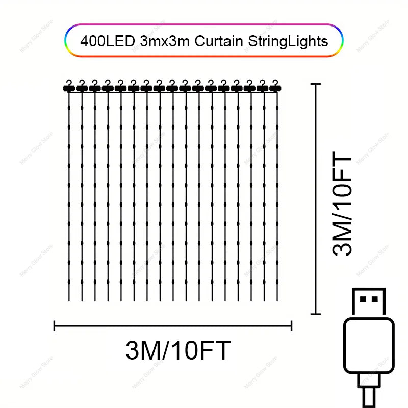 2m*2m/3m Smart Curtain Lights Bluetooth App LED String RGB Fairy Lights DIY Music Change Display for Window Bedroom Decoration