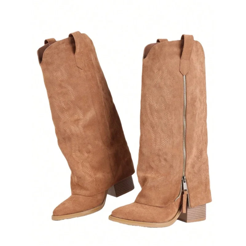 Women's Cowboy Boots Wide Calf Side Zipper Pointed Toe Pull On Boots Western Country Classic Embroidery Flower Fashion Summer Country Concert Boots