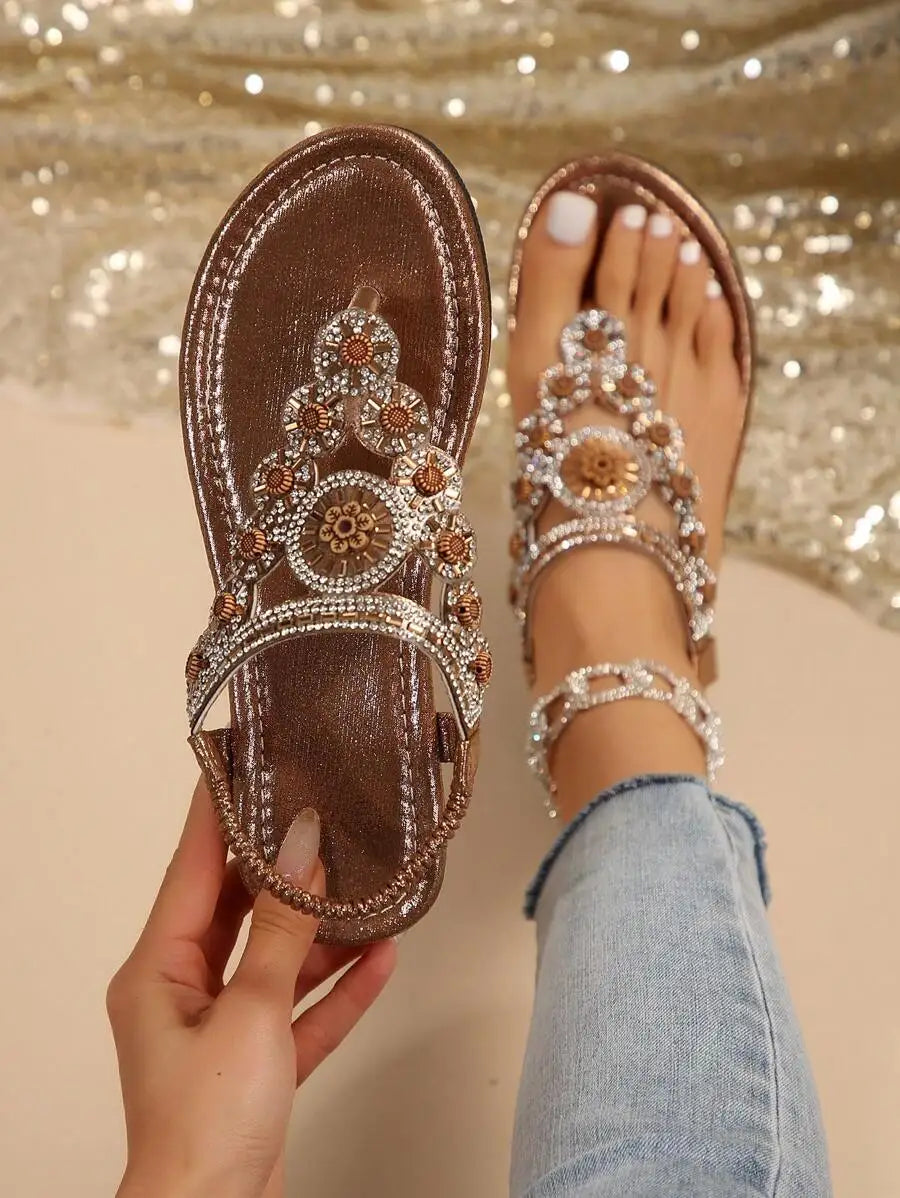 Women Bohemian Flat Sandals With Rhinestone Decoration Open Toe T-Strap Thong Beach Summer Shoes