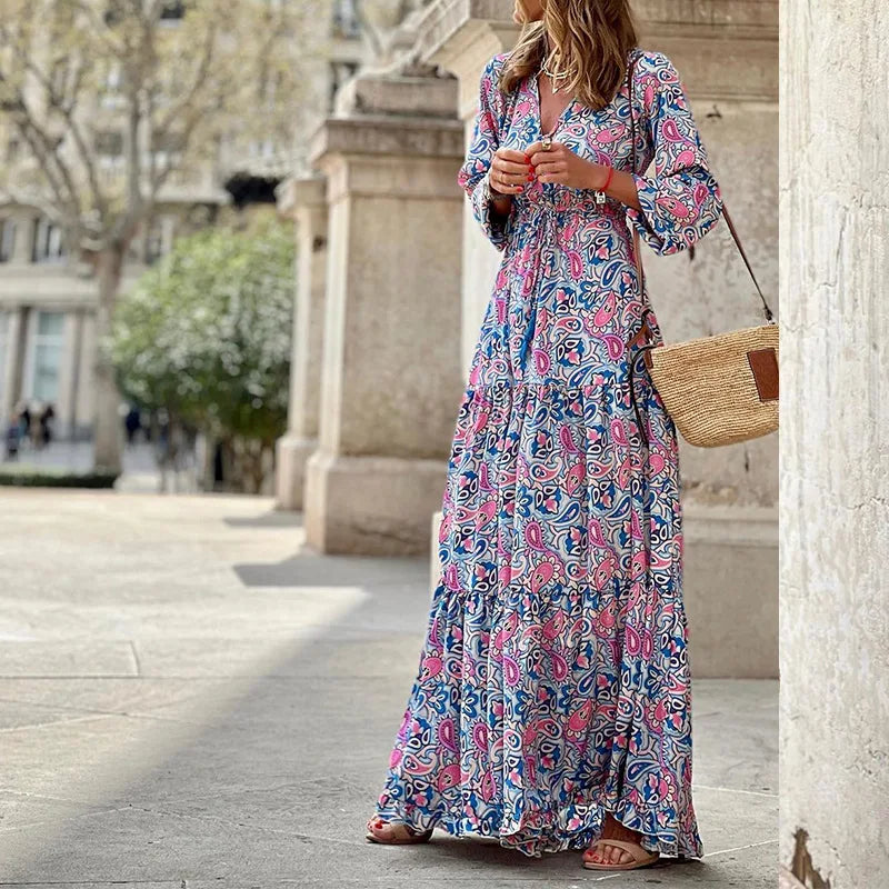Women's Summer New Fashionable Printed Sexy V-neck Long Sleeve High Waist Elastic Waist Medium Length Bohemian Dresses
