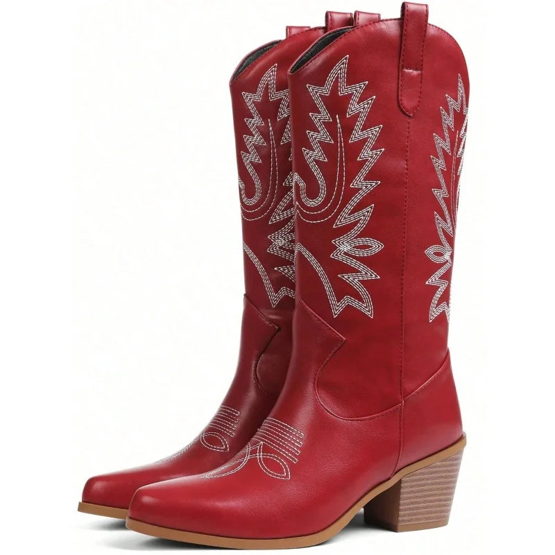 Women's Fashion Western Boots Chunky Heel Embroidered Knee High Pointed Toe Pull On Outdoor Casual Western Cowgirl Cowboy Boots Country Concert Combat Boots For Women