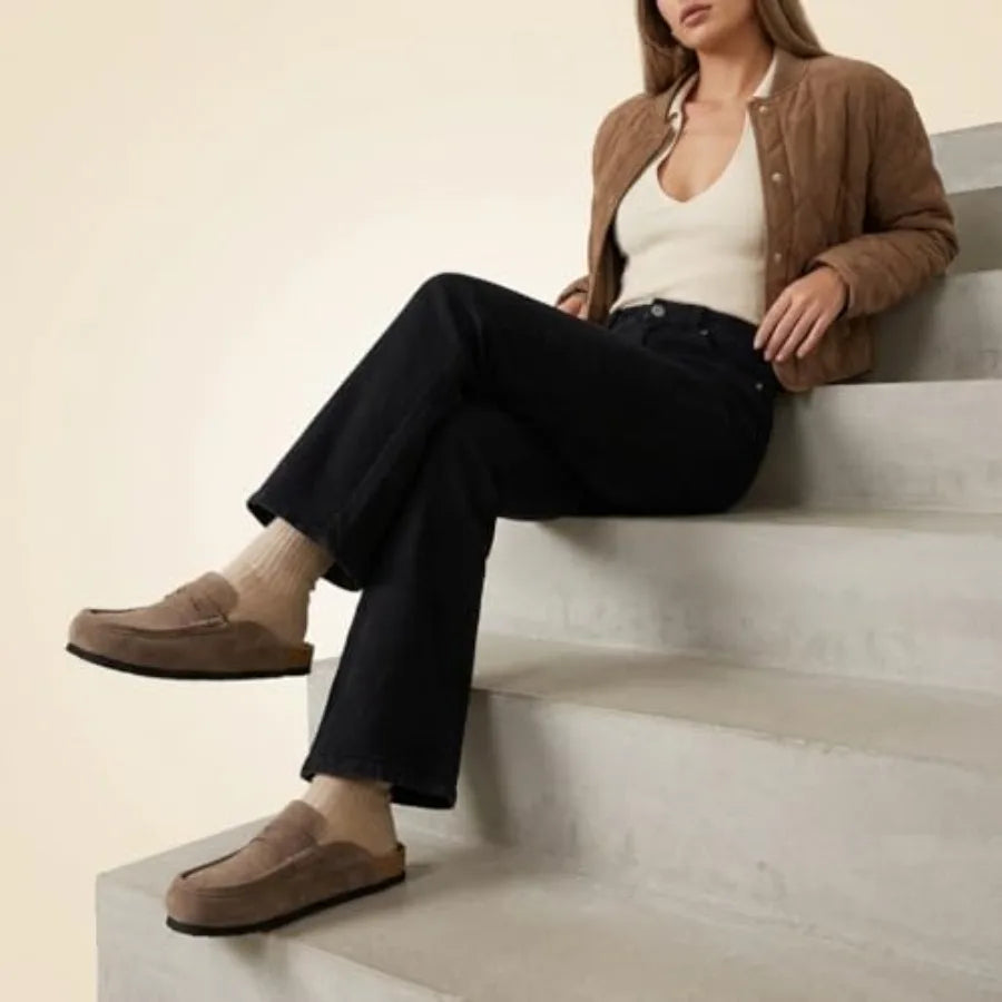 CUSHIONAIRE Fondu Genuine Leather Mule Clogs for Women, Comfortable Slip On Womens Shoes with Penny Strap Accent and Memory Foa