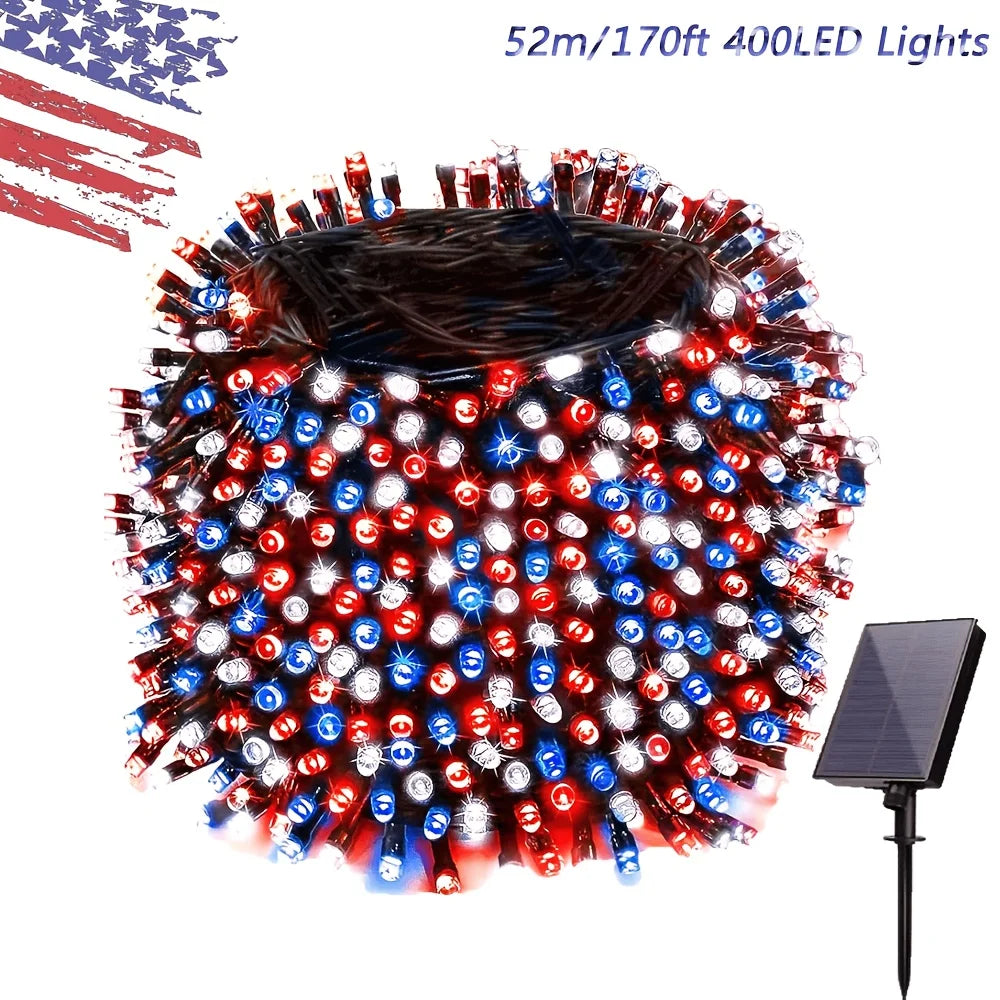 Red Blue LED Solar String Lights July 4Th Holiday Ambient Lights for Independence Day, for Birthday Party, Holiday Party, BBQ Party, Wedding, Fami