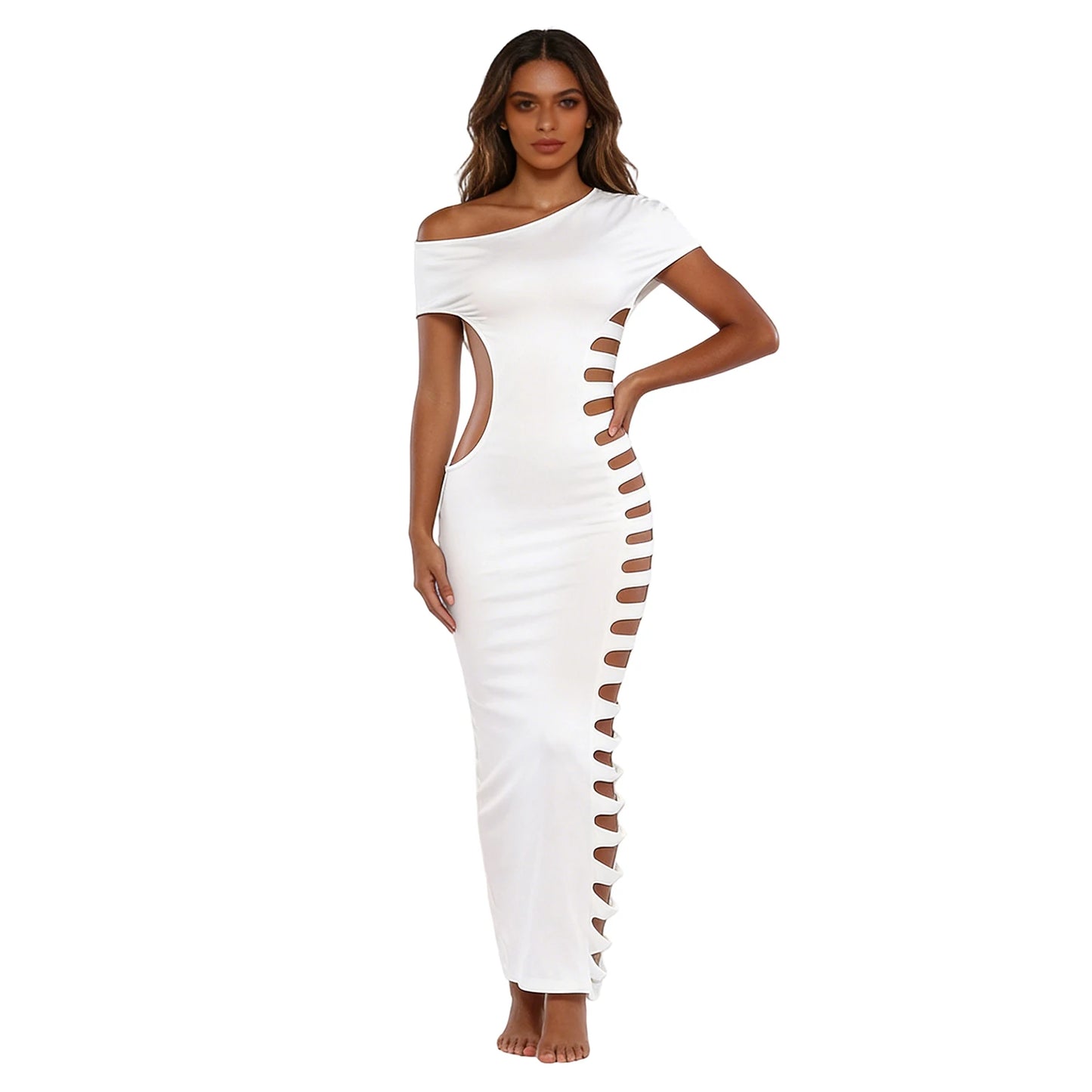 Elegant One Shoulder Bodycon Dress with Side Cutout Detail and Sleeveless Design Perfect for Parties and Special Occasions