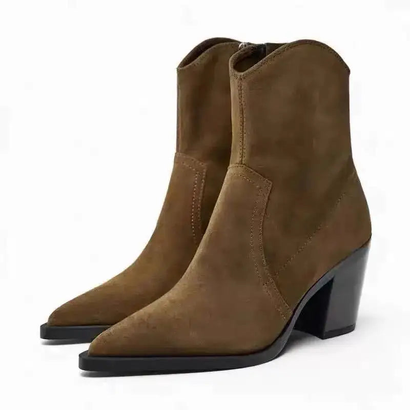 2026 Suede Leather Women's Pointed Toe Zippered Western Cowboy For Women Ankle Bootsblock Heel Work Boots Female Shoes