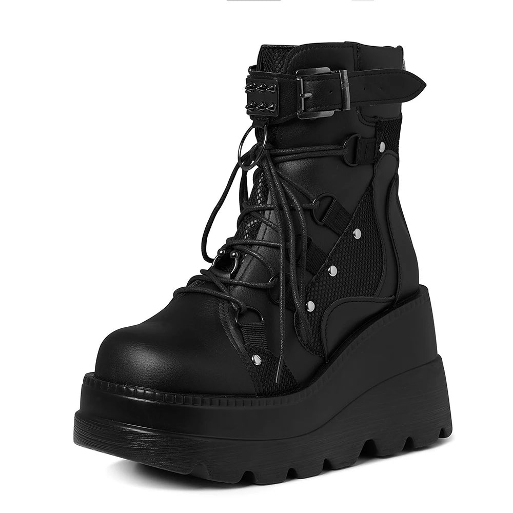 Women's Gothic Platform Wedge Ankle Boots, Punk Lace Up Buckle Strap Combat Booties, Non Slip Lug Sole Mid Calf Motorcycle Boots for Cosplay Daily Wear