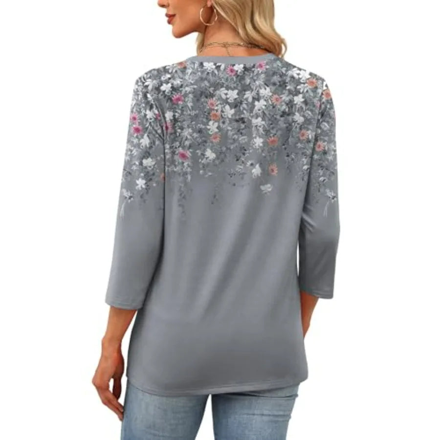 OFEEFAN 3/4 Length Sleeve Womens Tops Dressy Casual Blouses Crew Neck T Shirt Fashion Clothing Loose Fit