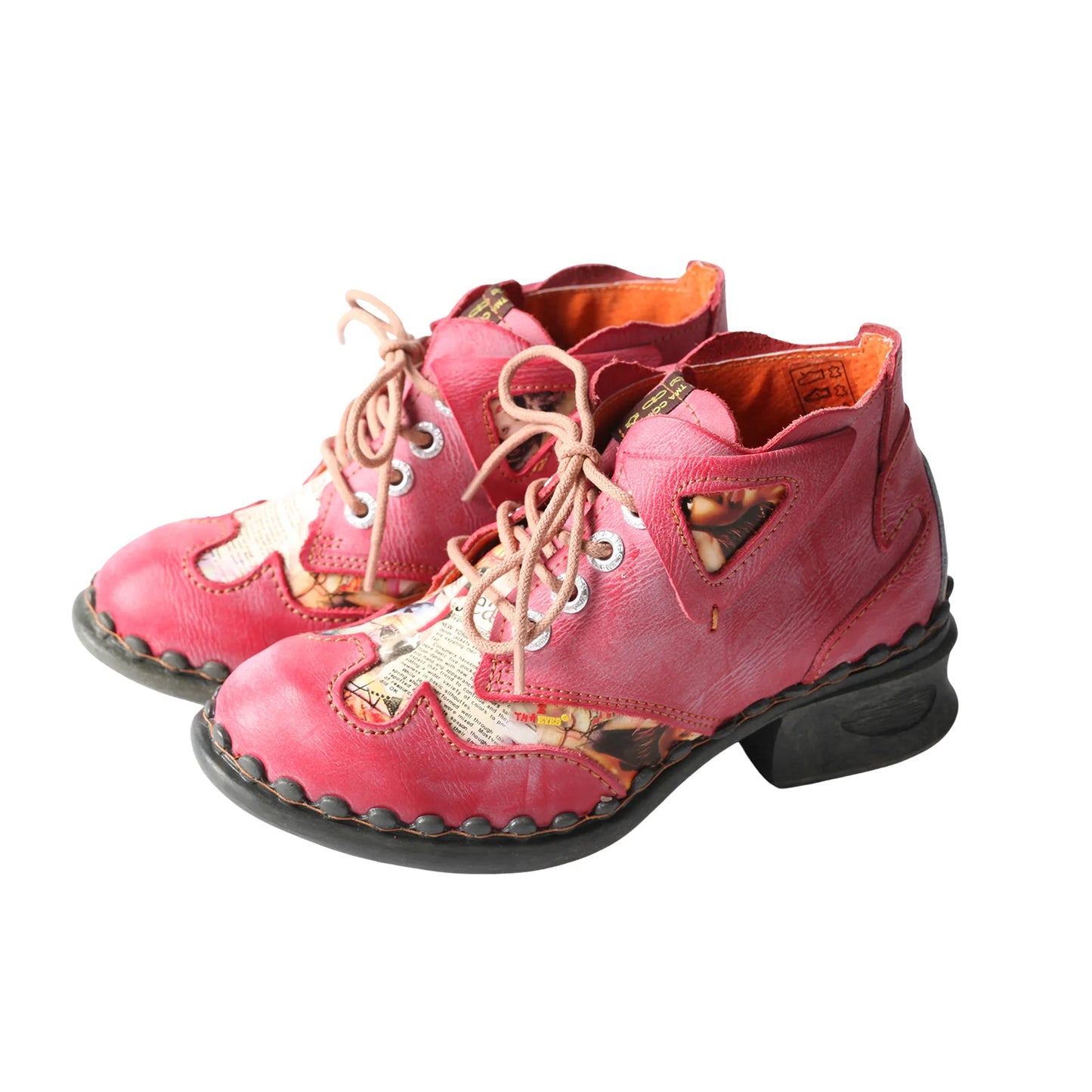 TMA EYES Women's Retro Patchwork Ankle Boots - Fashion Lace-Up Chunky Heel Boots with Tassel Detail