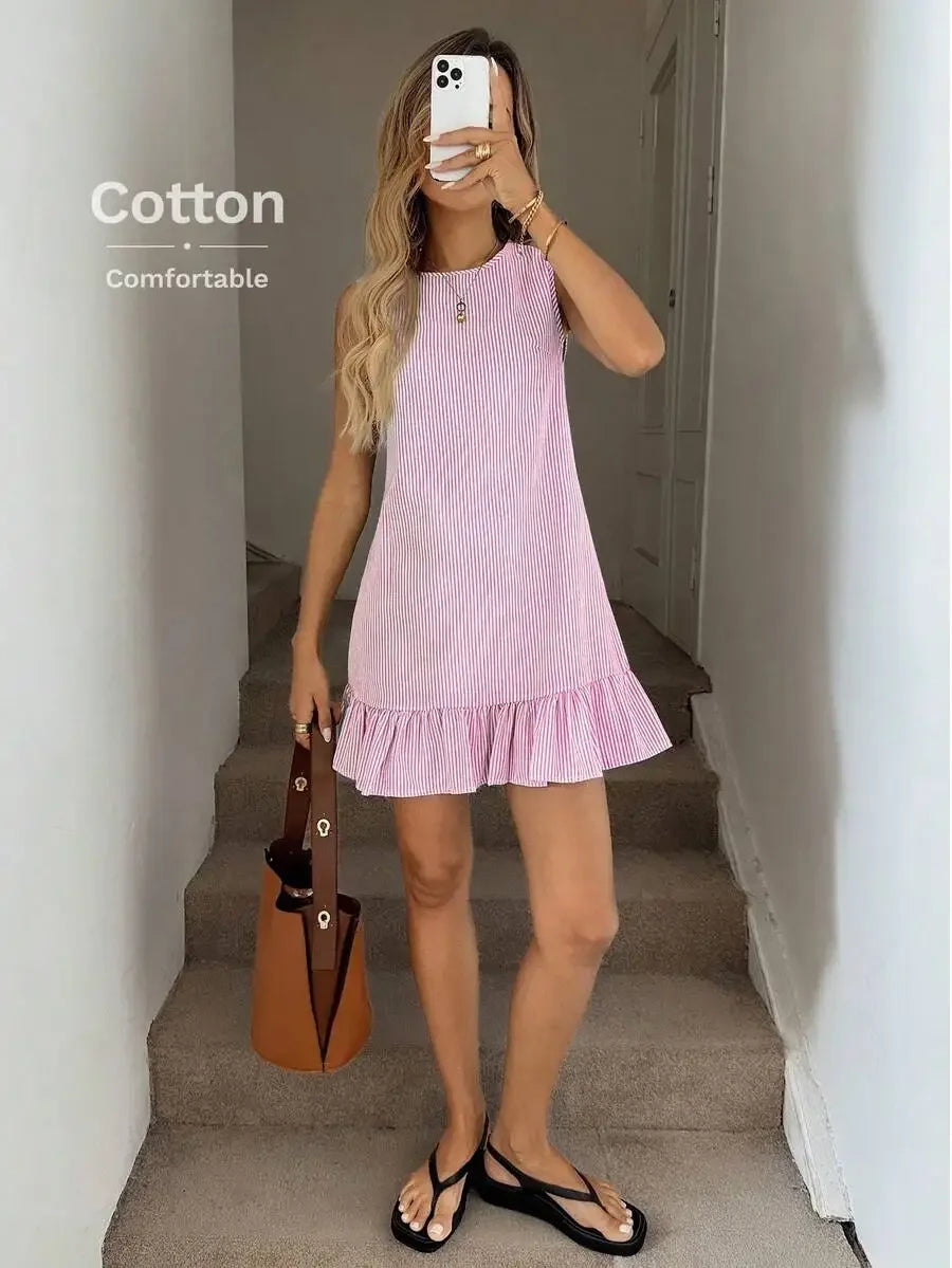 Pink And White Stripe Ruffle Hem Sleeveless Round Neck Mini Dress For Women