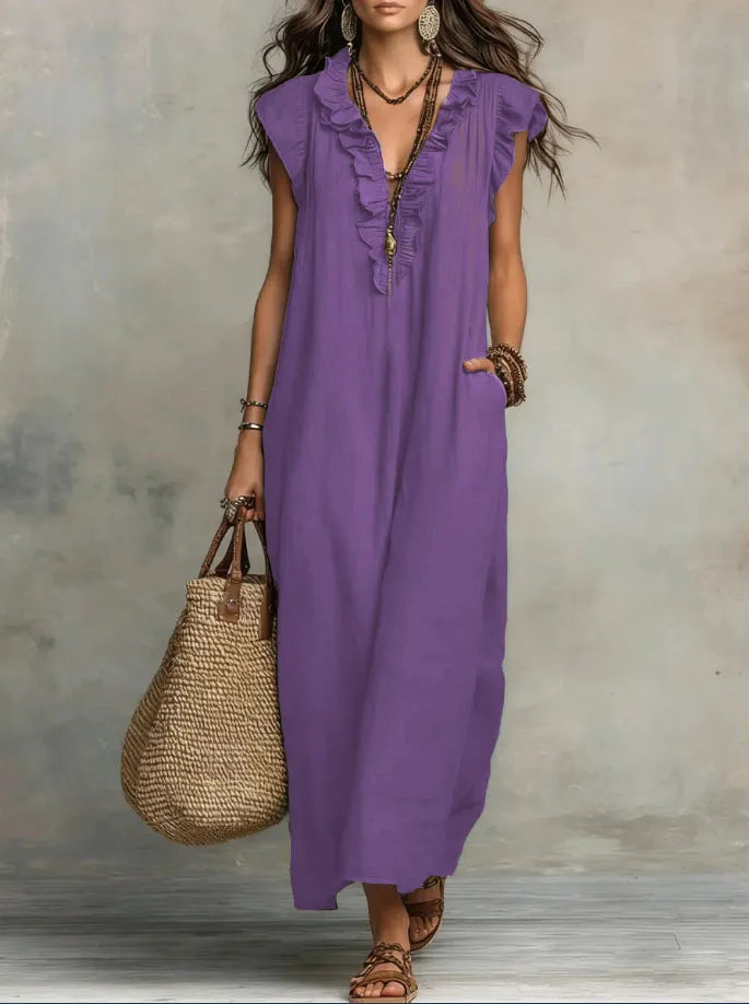Women's Retro Bohemian Ruffle Linen Maxi Dress, Ruffle V-Neck Sleeveless Loose Summer Dress with Pockets, Summer Casual High-Waist Loose Beach Maxi Dress, Sunny Dress with Flutter Sleeves and Floor-Length Skirt