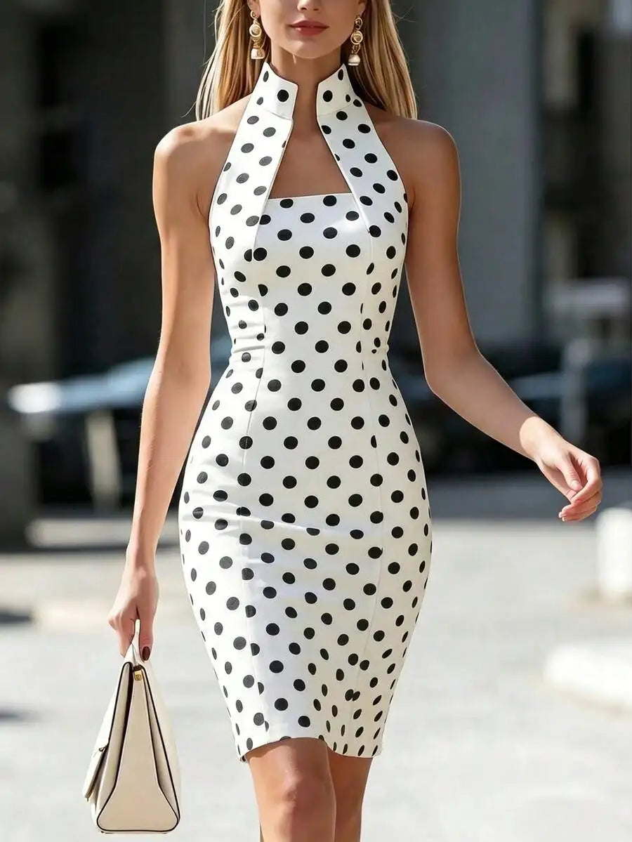 Womens Polka Dot Halter Neck Sheath Dress For Summer Parties