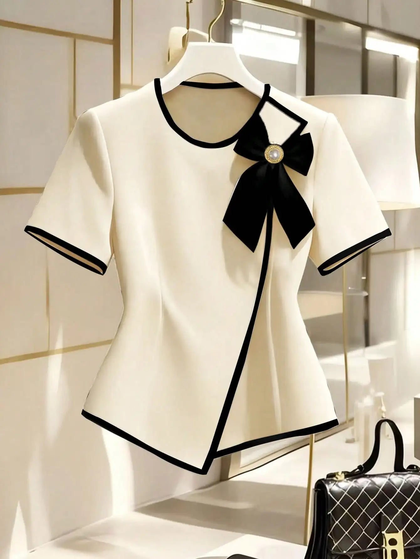 Elegant Bow Collar Short Sleeve Blouse With Asymmetric Hem For Office And Casual