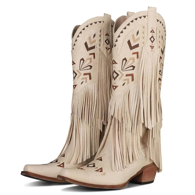 Women's Cowboy Boots Burgundy Pointed Toe Chunky Heel Cowboy Boots Wide Calf Knee High Boots Festival Shoes Country Concert Combat Boots For Women