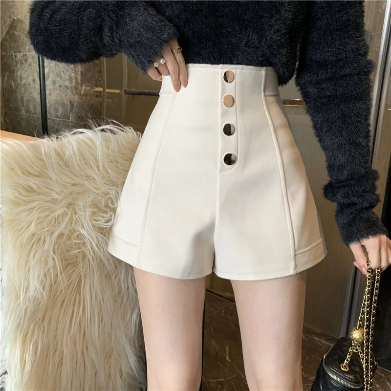 Single Breasted Wide Leg Shorts Solid Classic Slim High Waist Spring Summer Women Daily Casual Hot Pants
