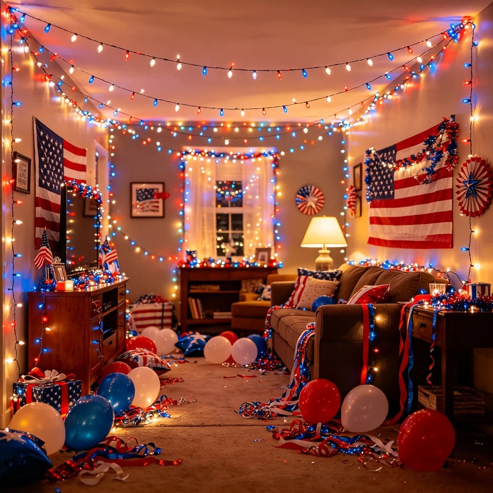 1/2/3 Pack Patriotic Solar LED String Lights, 4Th of July Red White Blue Lights, 12M/22M (39.4Ft/72Ft) 120/240LED 8 Modes Lights, for Independence Day Memorial Day Veterans Day Outdoor Decor