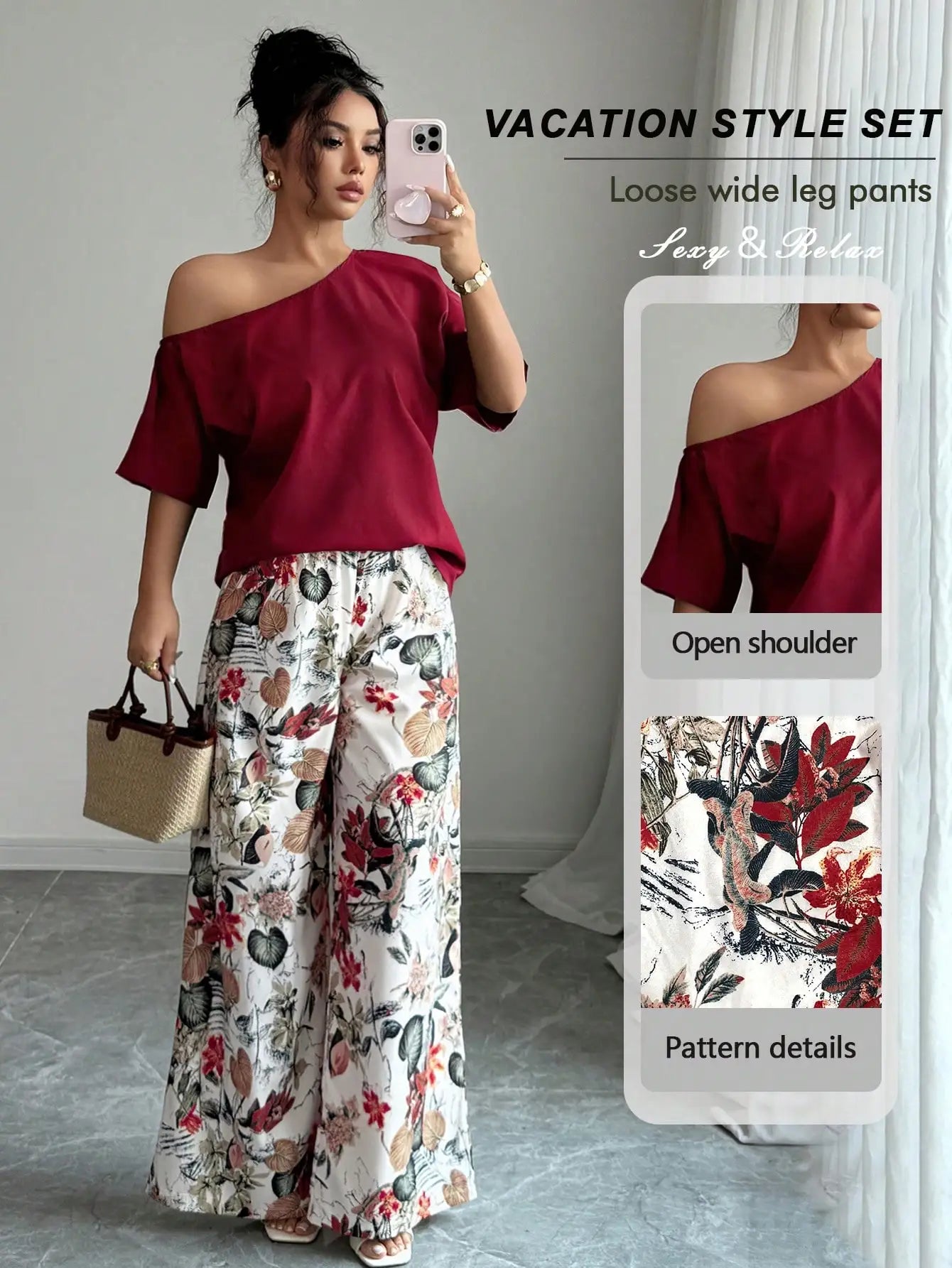 Vacation Style 2pcs Set Women Asymmetrical Neck Blouse Floral Wide Leg Pants