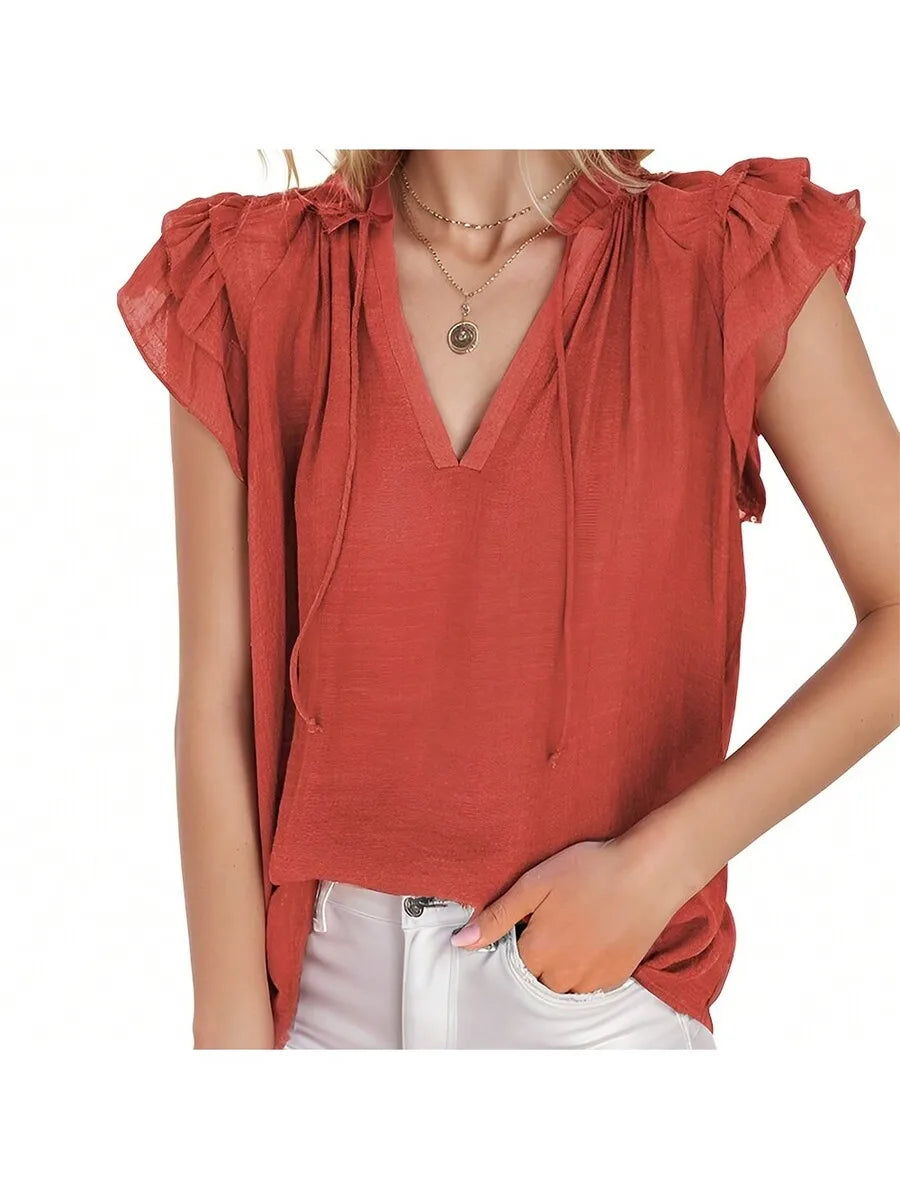 Womens V-Neck Ruffled Sleeve Short Sleeve Casual Blouse