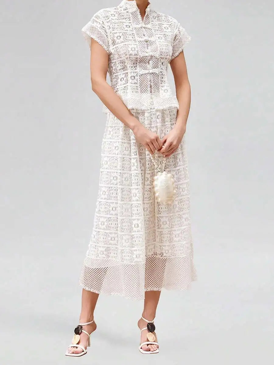 Elegant Lace High Neck Flutter Sleeve Blouse Vintage Crochet Openwork Top Summer