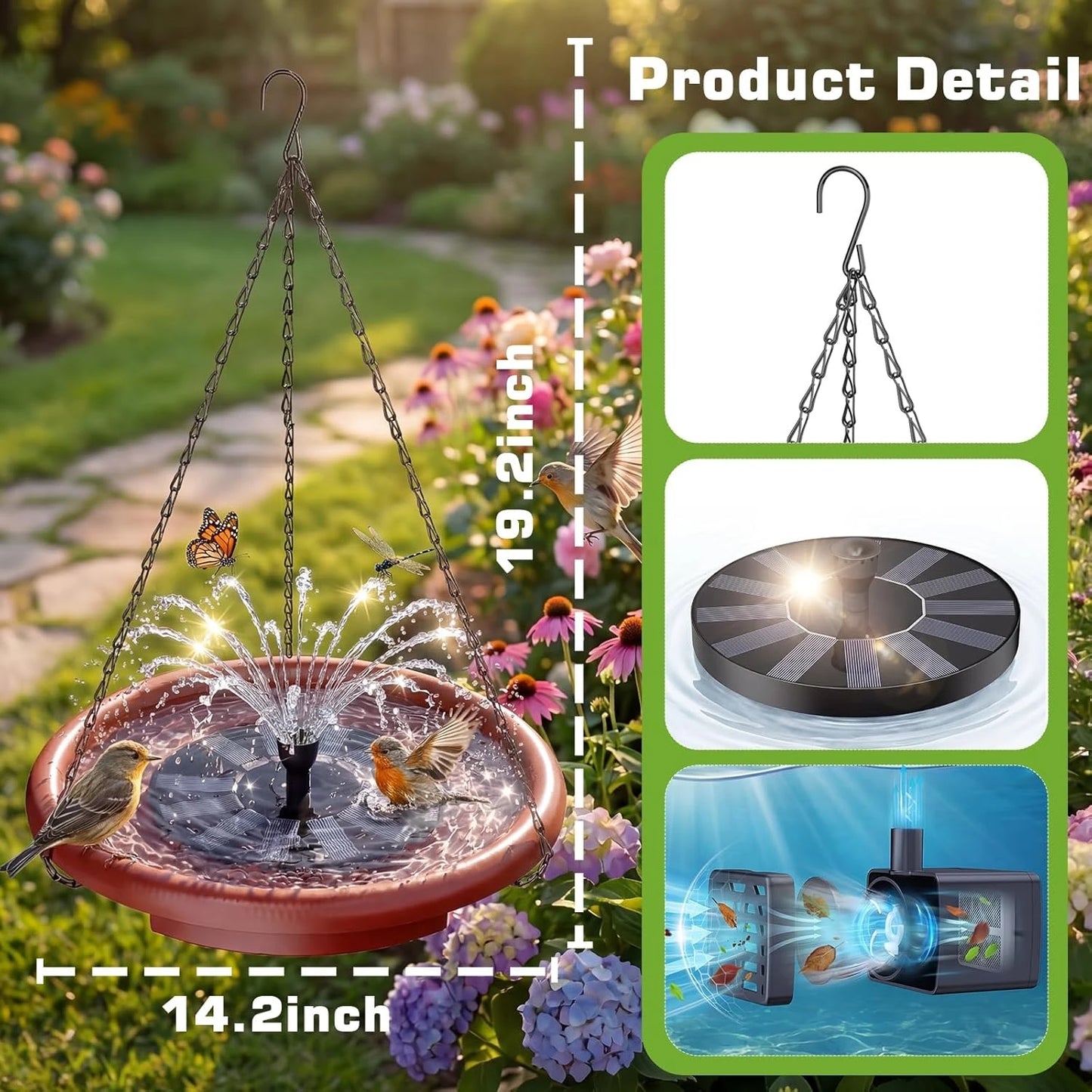 15 inch Hanging Solar Bird Bath, Outdoor Bird Bath & Feeder with Solar Fountain and 3-Tier Steps, Suitable for Patio Garden Backyard Landscape Decor