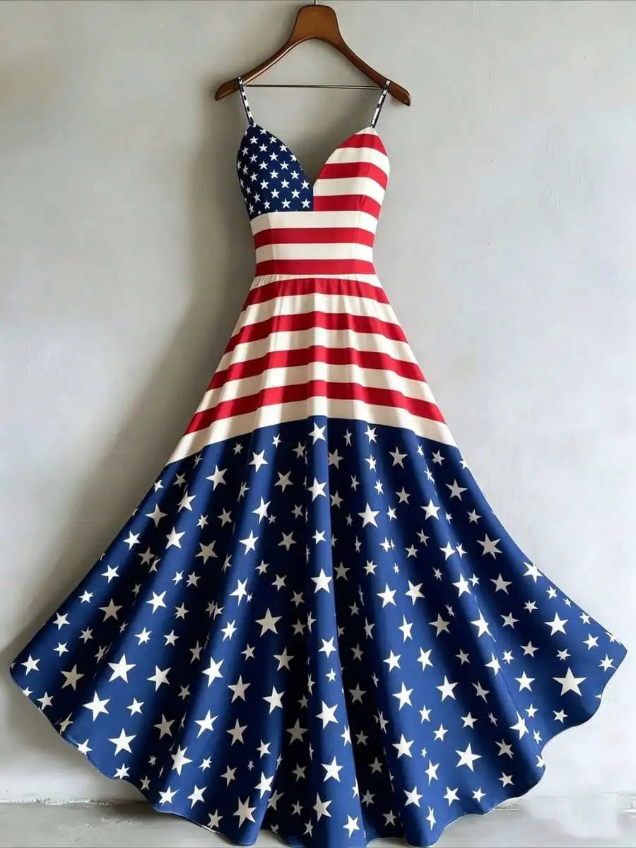 Womens American Flag Print Spaghetti Strap V-Neck A-Line Maxi Dress For Summer Beach Vacation
