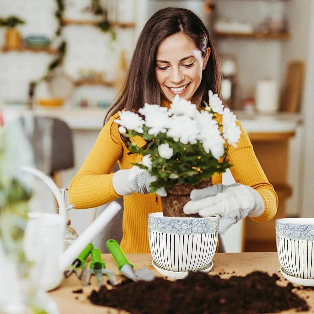Ceramic Plant Pots Set of 3, 6.75/5.6/4.2 inch Planters with Drainage Holes and Saucers for Indoor Outdoor Garden Decor