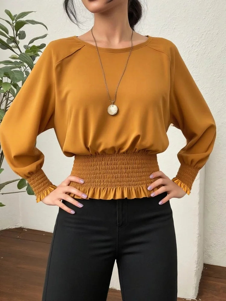 Round Neck Blouse Long Sleeve Raglan Shoulder Smocked Waist Ruffle Cuff Solid Top For Women Daily Office Work School Casual Elegant Stylish Garment