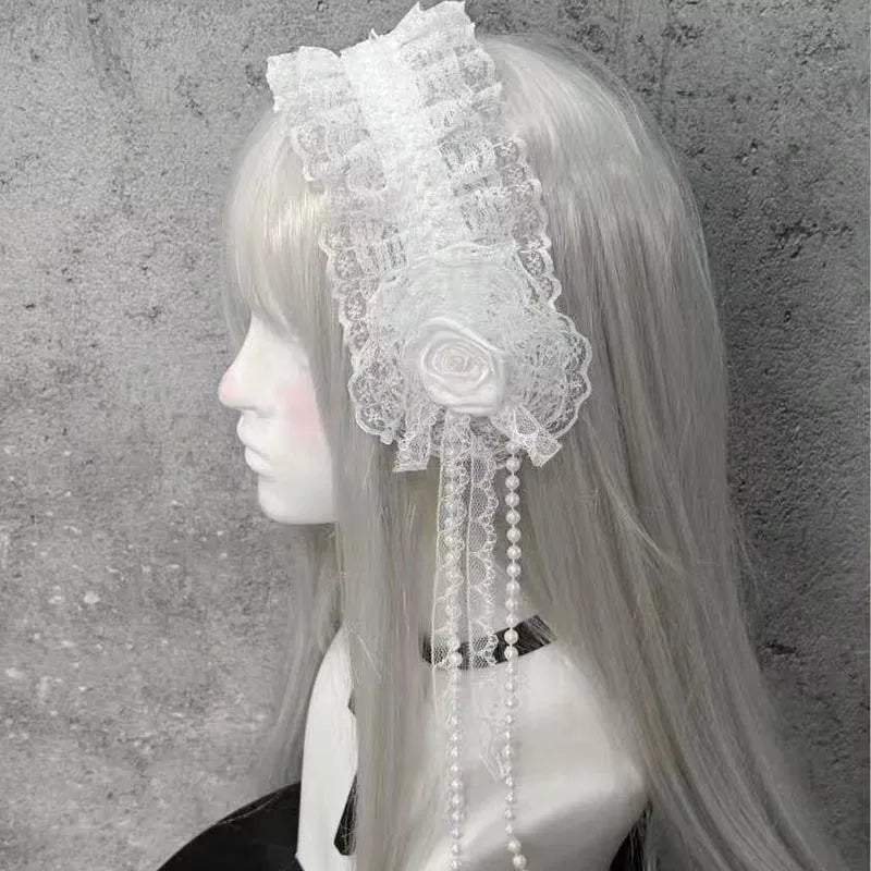 Lolita Gothic Black Lace Headband with Rose Bow Hairpins Victorian Satin Flower Hair Accessory for Women Cosplay Halloween Gifts
