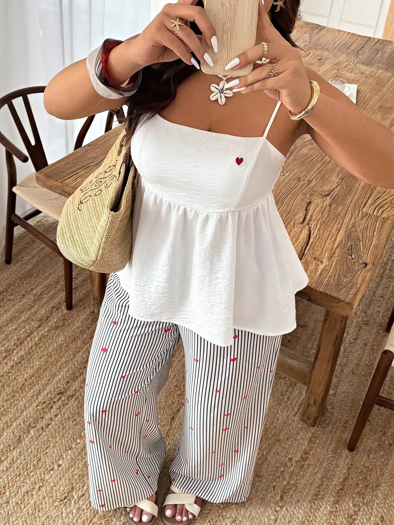 Plus Size Women Summer Solid Ruffle Hem Camisole And Wide Leg Pants Set
