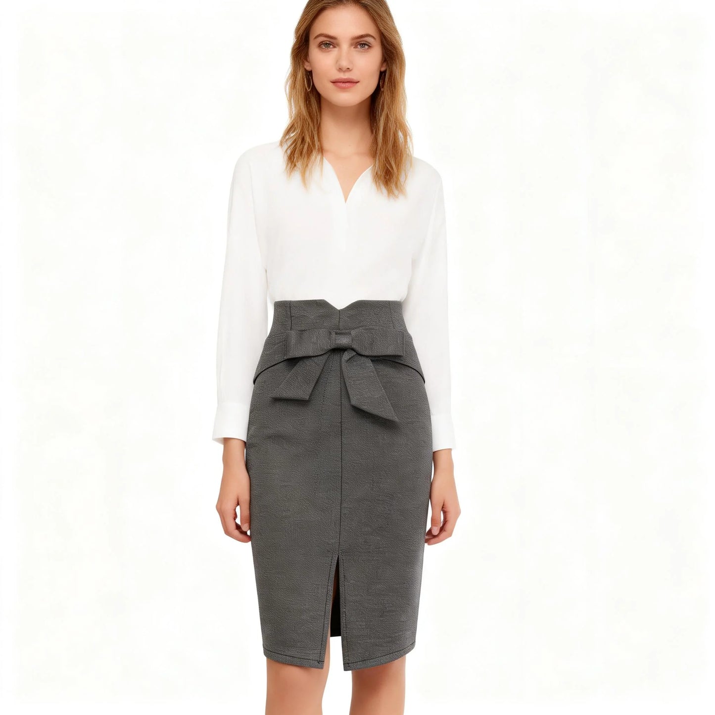 New Women Pencil Skirt Knee Length High Waist Elegant Open Slit Bow Skirt
