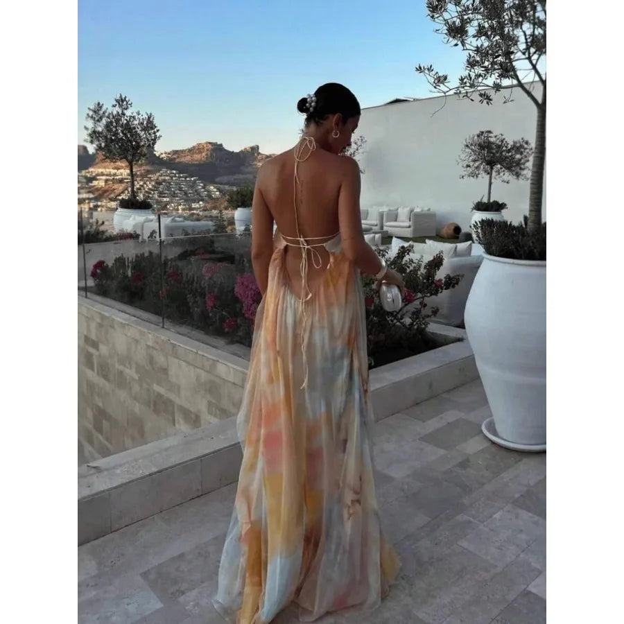【New style】Vacation Outfits Women Summer Dresses For Women Halter Sleeveless Long Dress Watercolor Print Halter Neck Maxi Dress