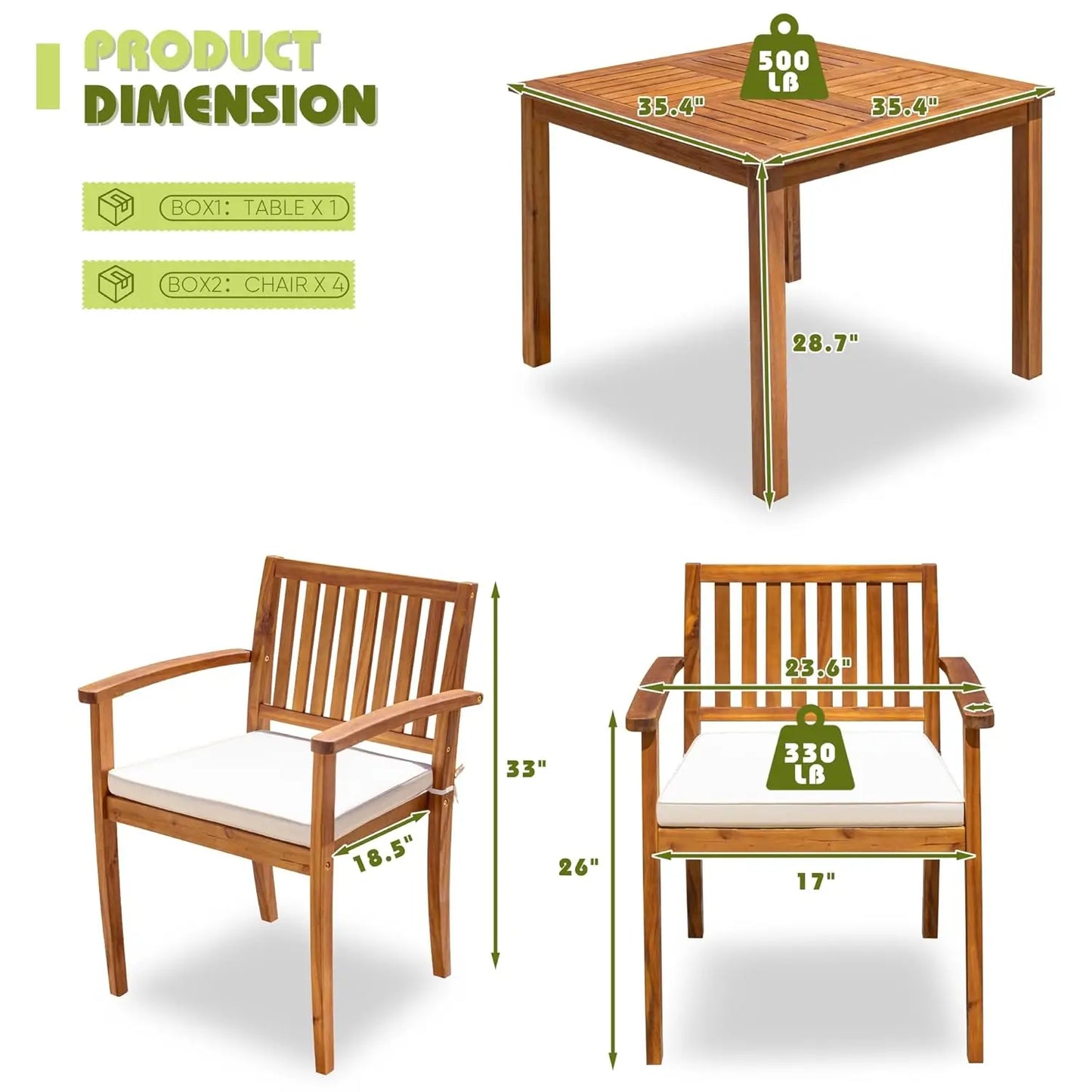 5 Piece Acacia Wood Outdoor Dining Set with Soft Cushions for Deck Backyard Garden, Custom