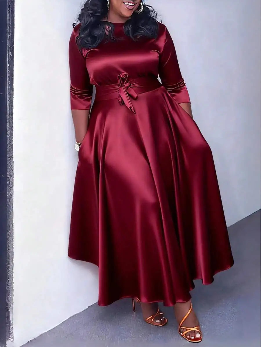 Elegant Women Satin Fit And Flare Long Sleeve Boat Neck Cocktail Dress With Pockets