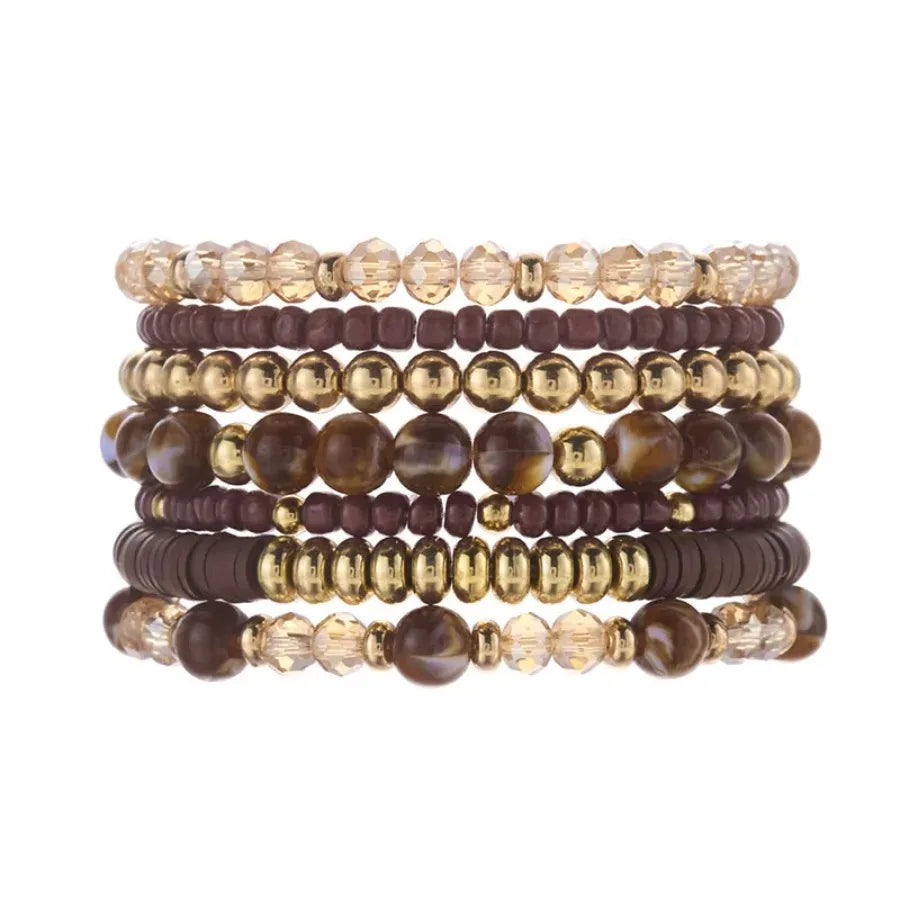 Bohemia Hand Jewelry Summer Beach Wristband Women 7Pcs Brown Gold Beaded Bracelets Set with Tiger Eye Stone and Crystal Charms