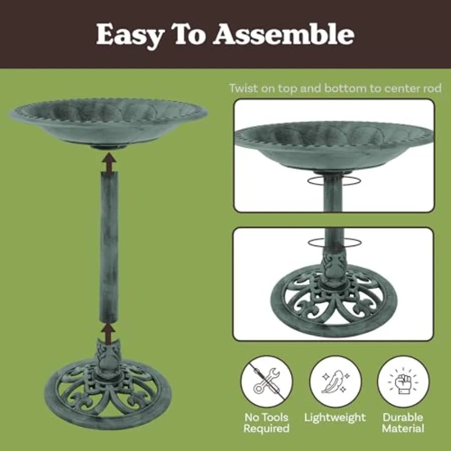 Pure Garden 50-LG1072 Antique Bird Bath-Weather Resistant Resin Birdbath with Vintage Scroll Design, 3 Ground Stakes for Garden