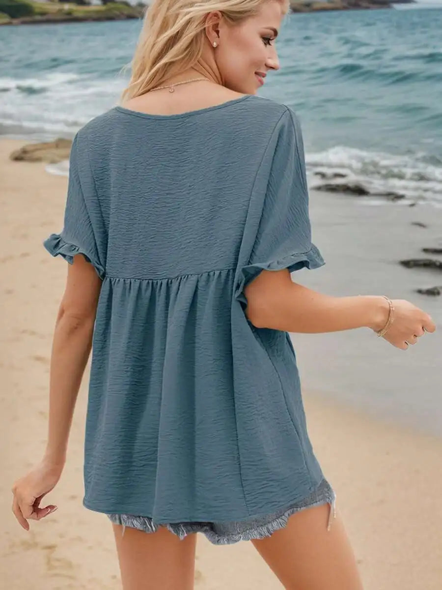Womens V-Neck Pleated Ruffle Sleeve Casual Beach Shirt