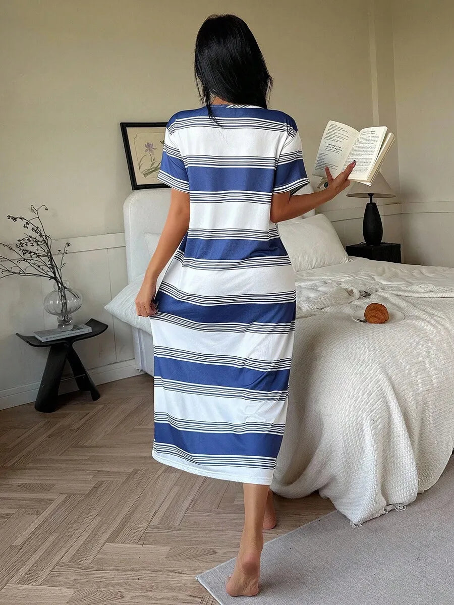 Womens Casual Blue And White Striped Loose Midi Dress Nightgown Lounge Dress