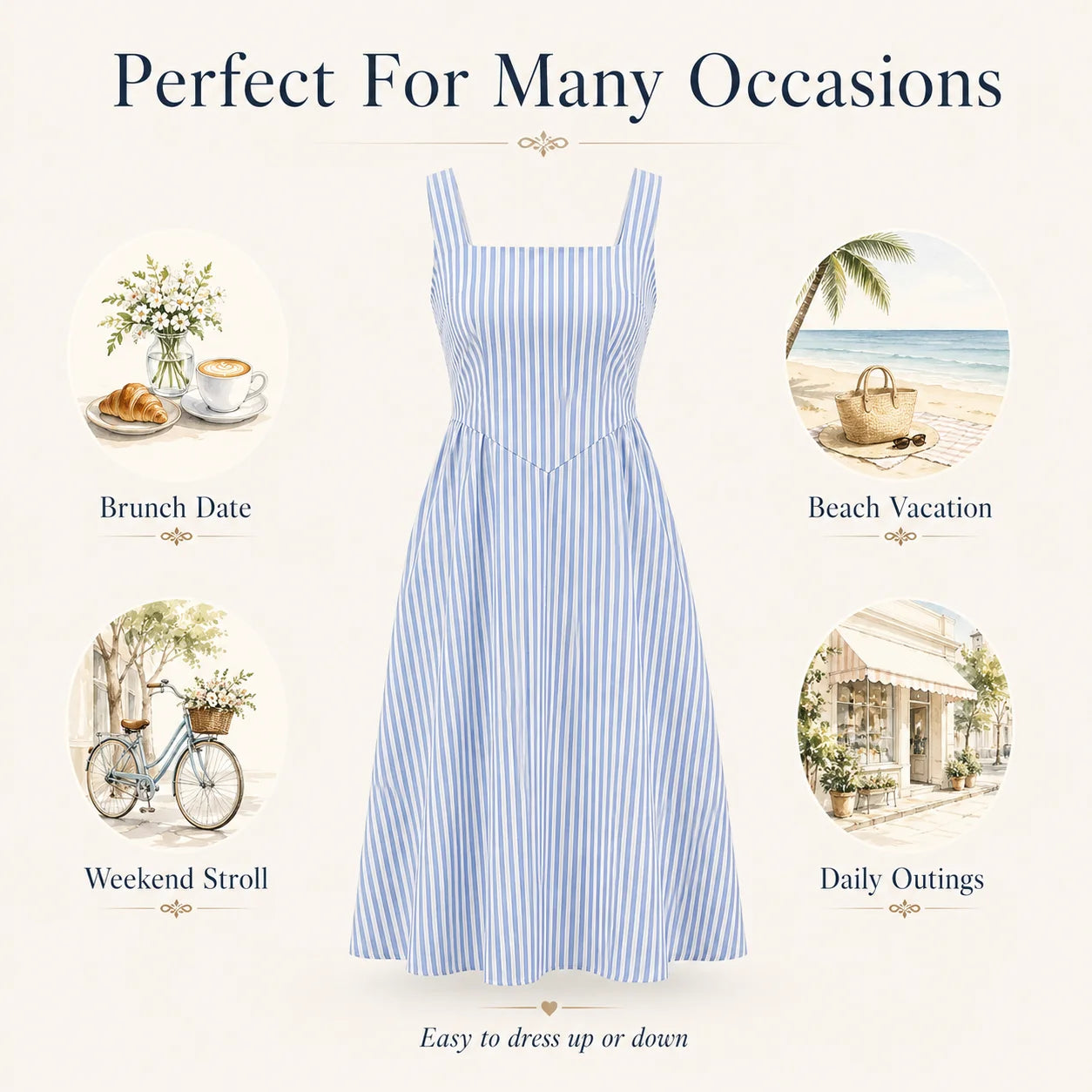 Women Summer Striped Square Neck Cami Midi Dress Sleeveless High Waist A Line Flowy Sundress Casual Vacation Tank Dresses Green Dark Blue Light Blue Pink Grey S-XXL