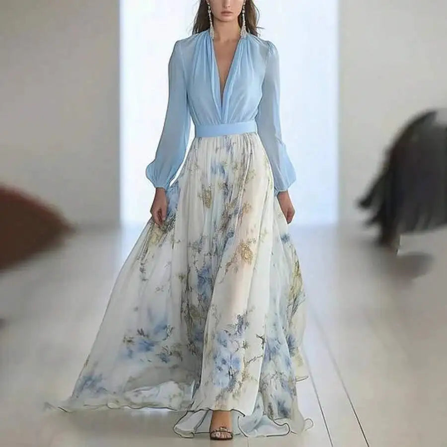 Elegant Womens Long Sleeve V-Neck Floral Print Maxi Dress