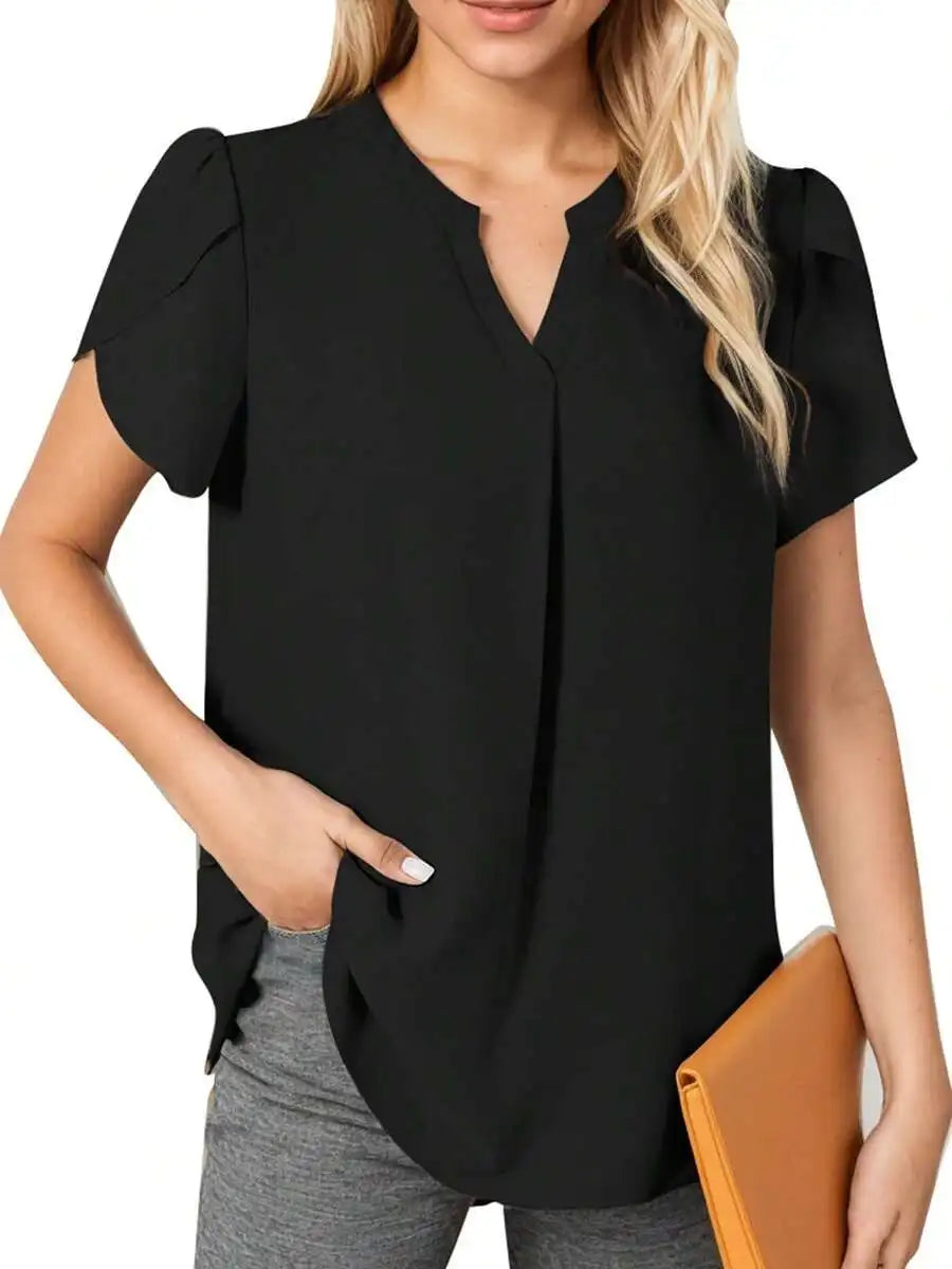 Women V Neck Short Sleeve Chiffon Blouse Casual Flowing Tunic Top