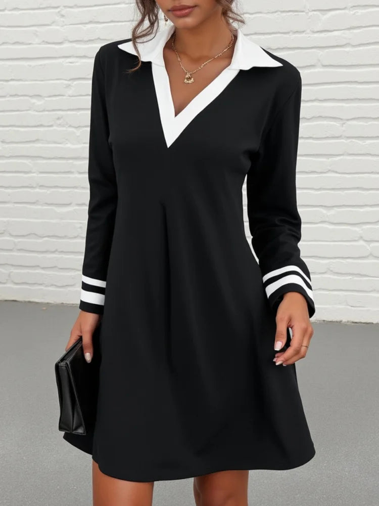 Contrast Collar Mini Dress V Neck Striped Cuff Long Sleeve Flared Swing Outfit For Women Daily School Casual Preppy Stylish Garment