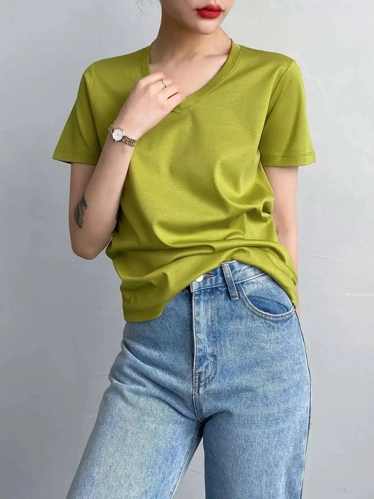 Summer 6% Mulberry Silk Cotton T-shirts Women Loose Round Neck Short Sleeve Luxury Tee Solid Color Basic Tops