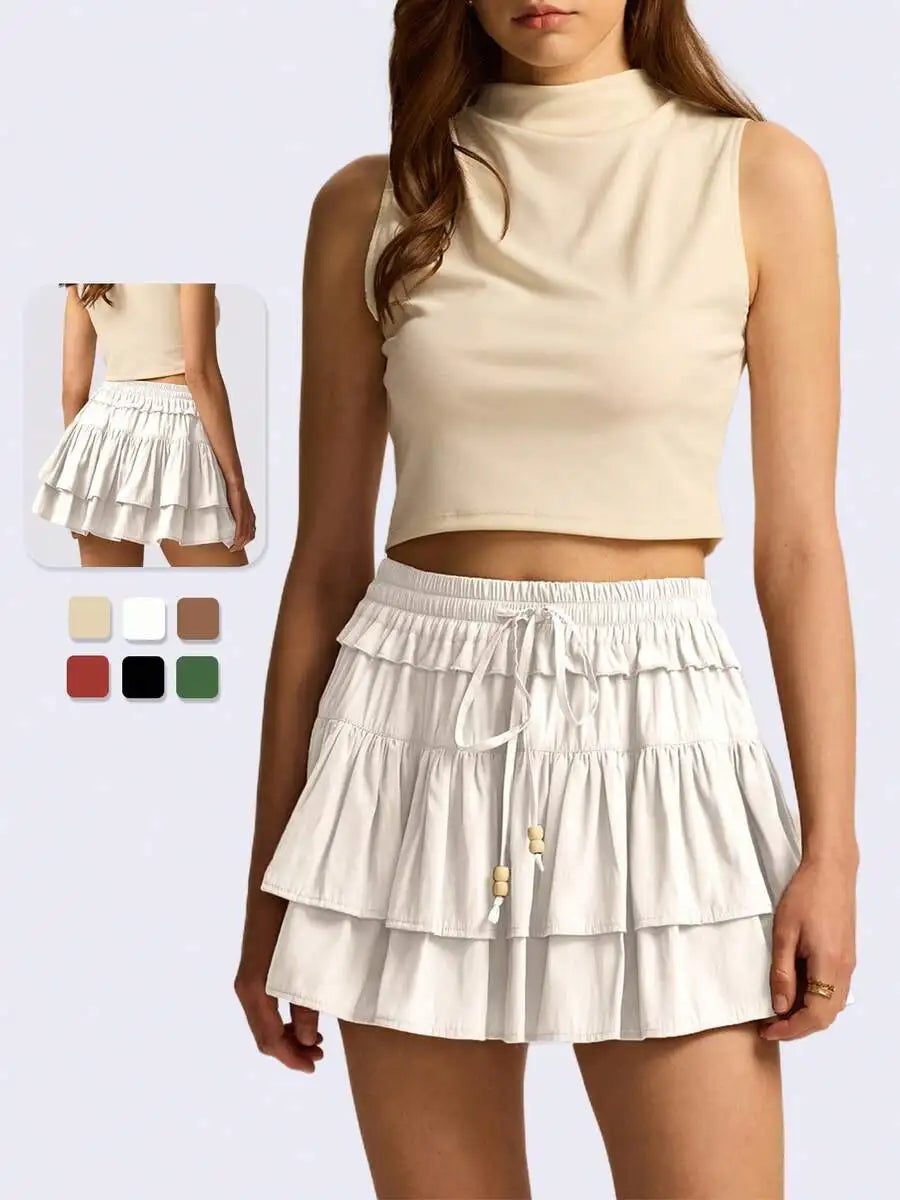 Womens High Waist Tiered Ruffle Mini Skort With Drawstring And Built-In Shorts