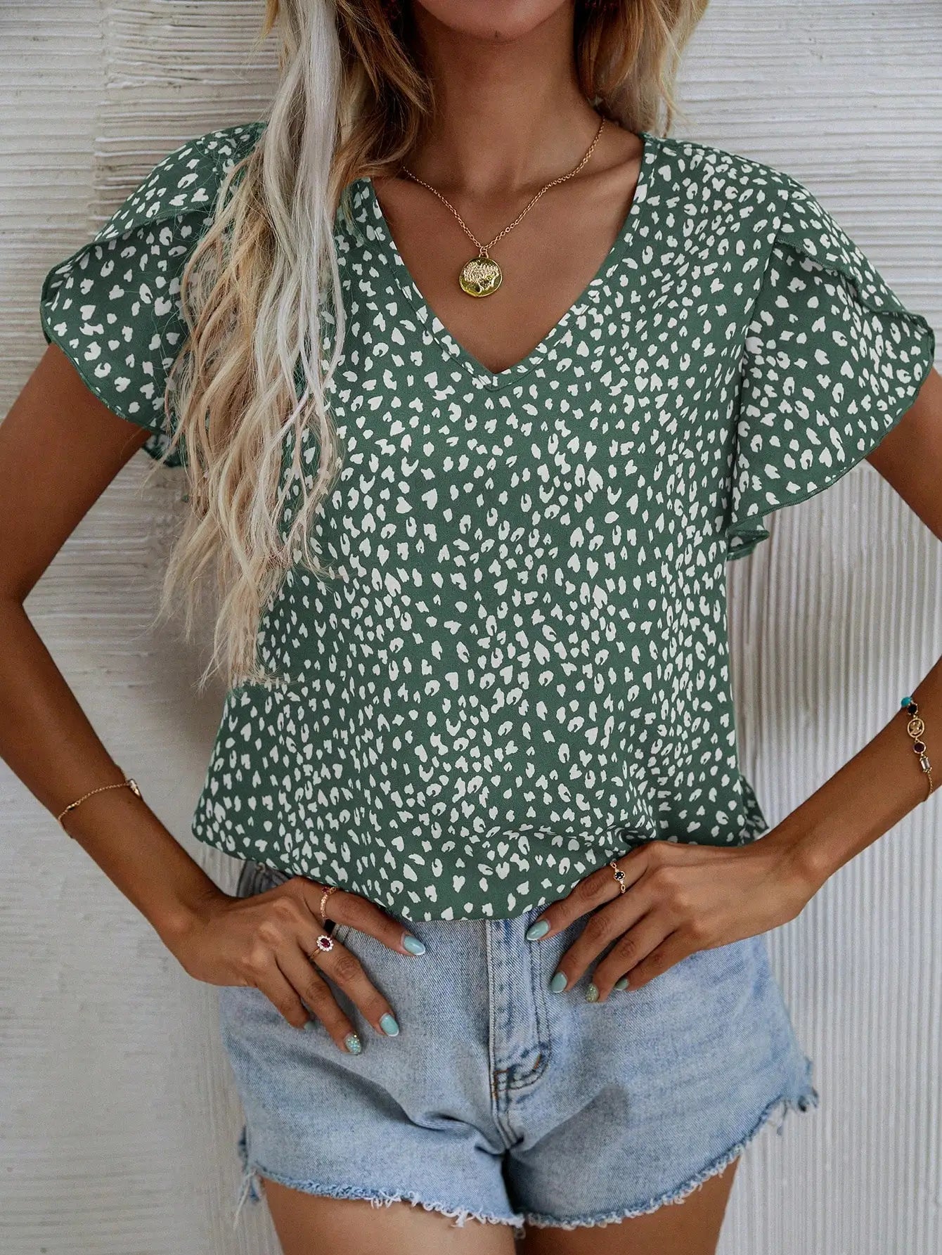 Leopard Print Petal Sleeve V-Neck Blouse Casual Top