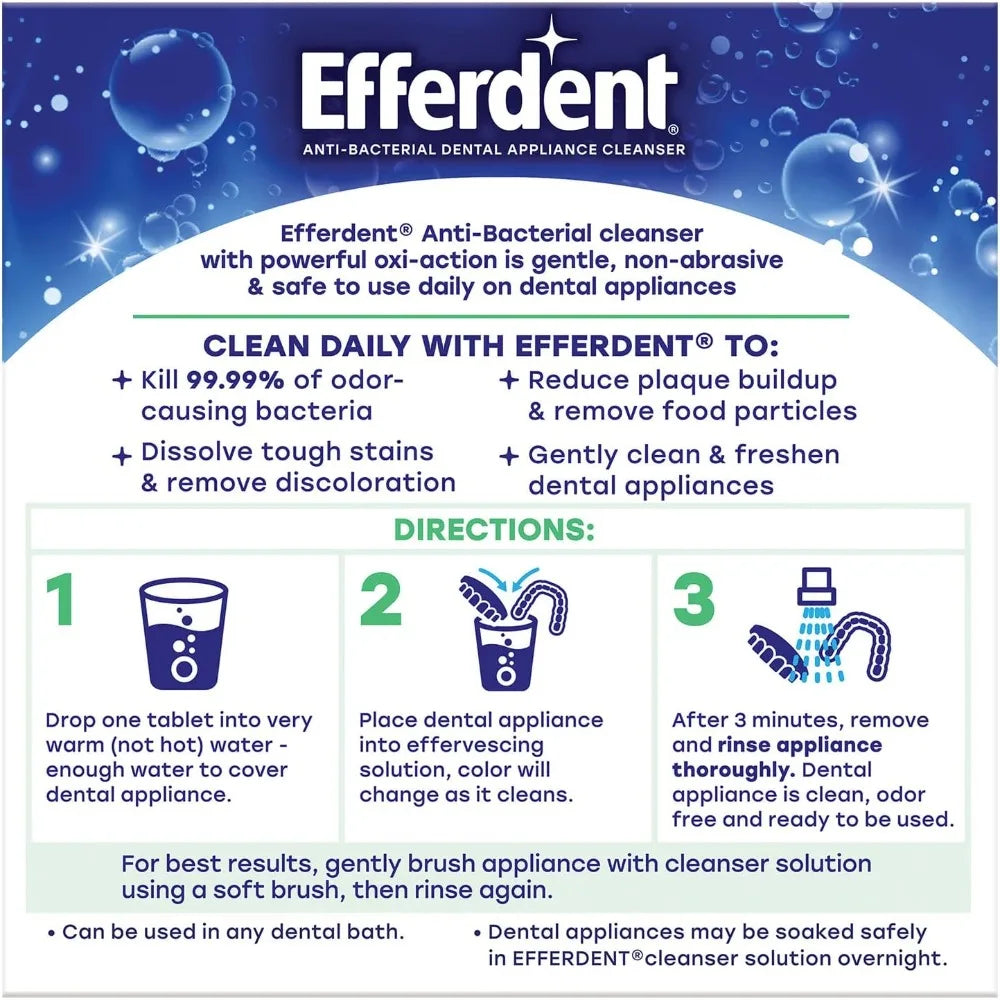 Effervescent Denture Cleaner Tablets for Dental Appliances Aligners Mouth Guards and Retainers Minty Fresh Breath Cleaning Solution Deep Stain Removal and Antibacterial Formula Odor Eliminator for Daily Use Safe and