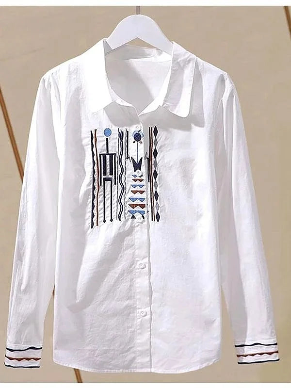 Designer-Inspired Vertical Stripe Slim-Fit Pure Cotton Embroidered Shirt Women Long Sleeve Blouse Ethnic Style
