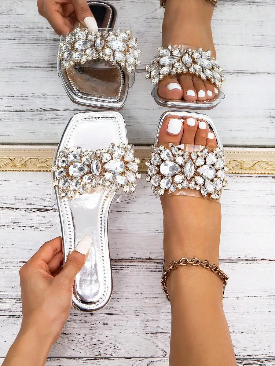Champagne Rhinestone Boho Flat Sandals, Non-Slip Oversized Beach Casual Slippers for Women
