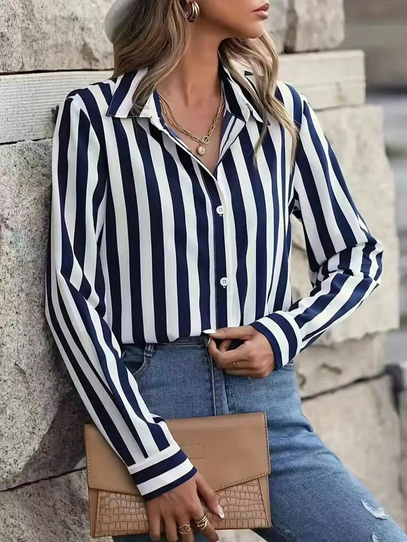 Women Striped Long Sleeve Single Breasted Casual Shirt For Autumn Spring Daily Wear