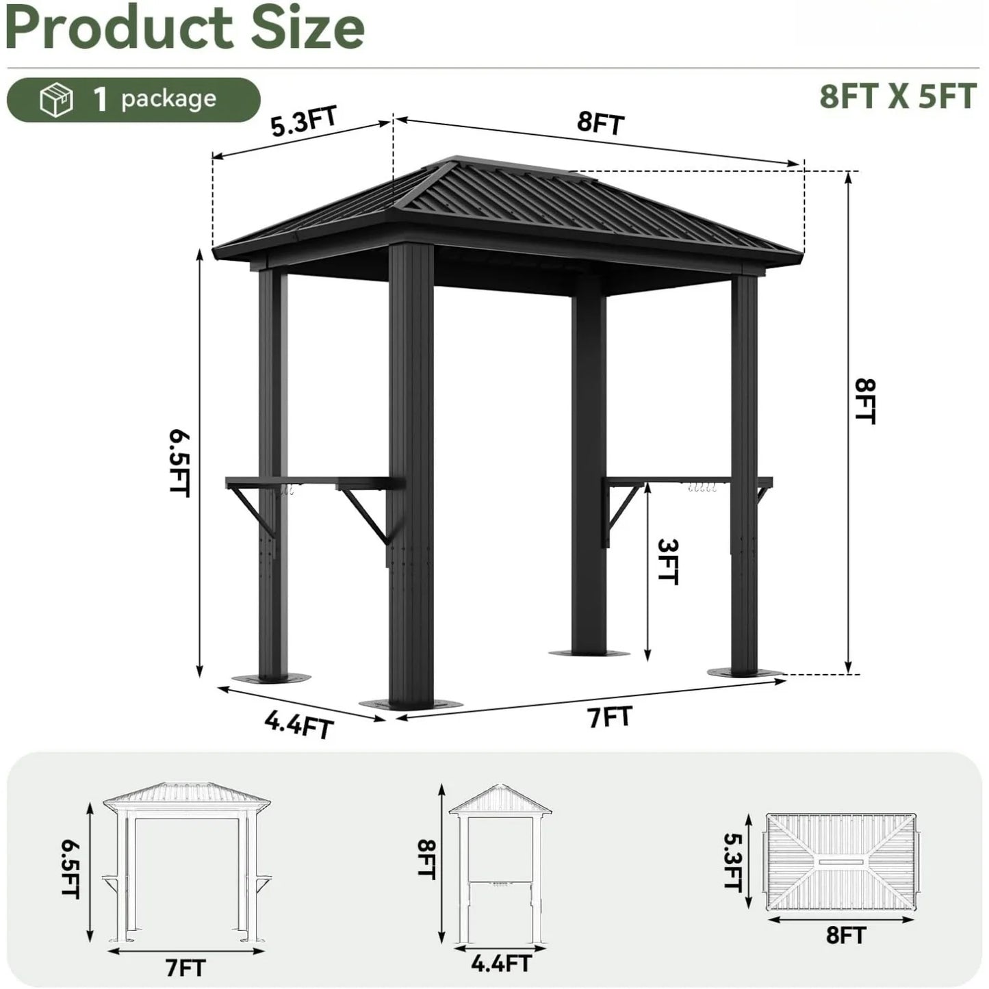 Nordivale 8x5FT Hardtop Gazebo Outdoor Metal Grill Pavilion Permanent BBQ Shelter with Galvanized Steel Roof and Shelves for Lawn Garden Patio Backyard Black Gray