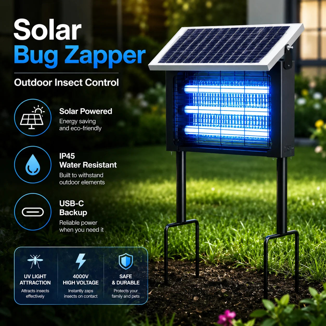 Solar Bug Zapper Outdoor, 3 Tube UV Light Insect Killer, IP45 Waterproof, USB-C Backup, Garden Mosquito Trap