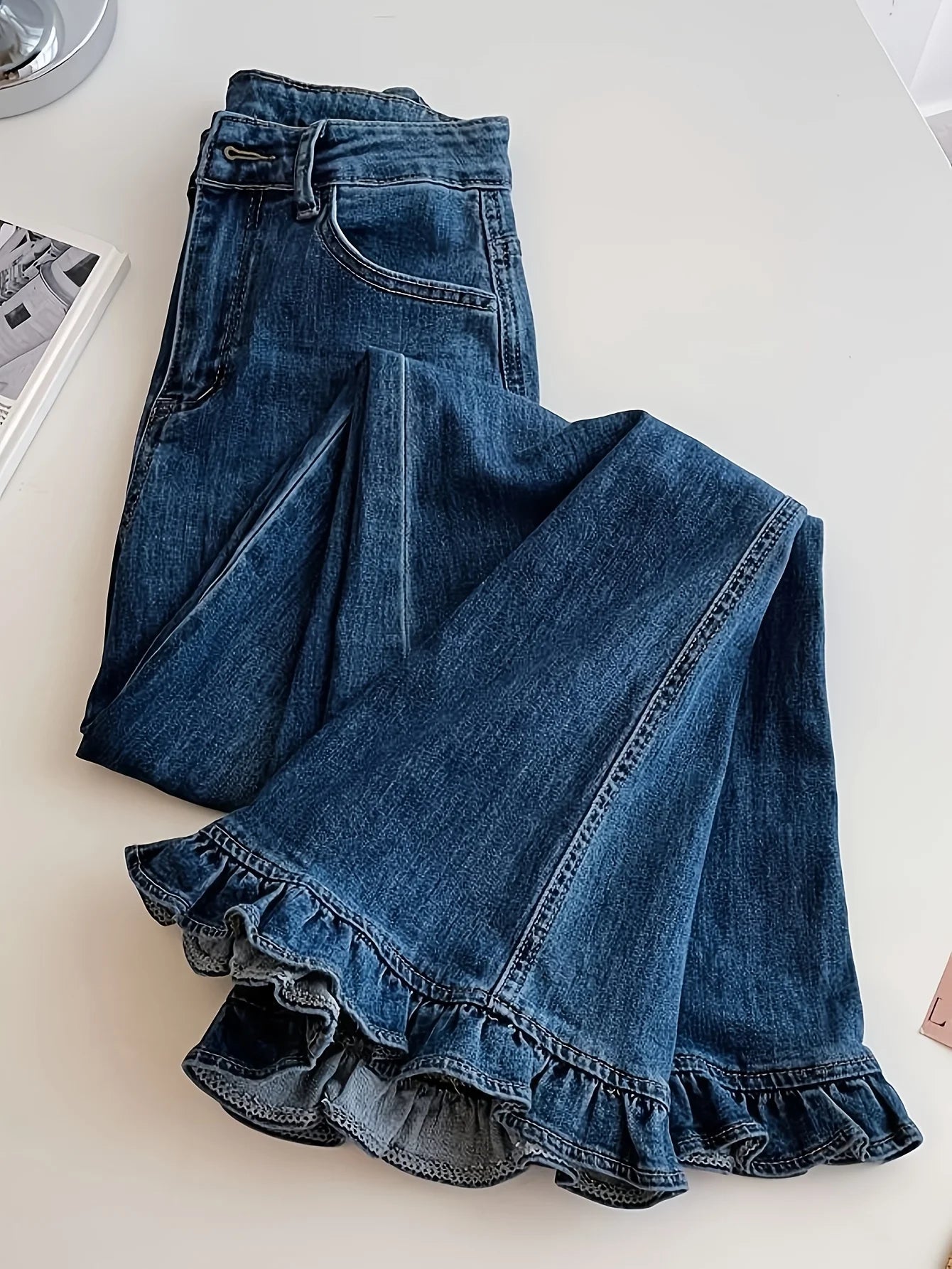 Ruffle Hem Flared Denim Jeans High Waist Casual Daily Wear All Season Women's Pants Trousers